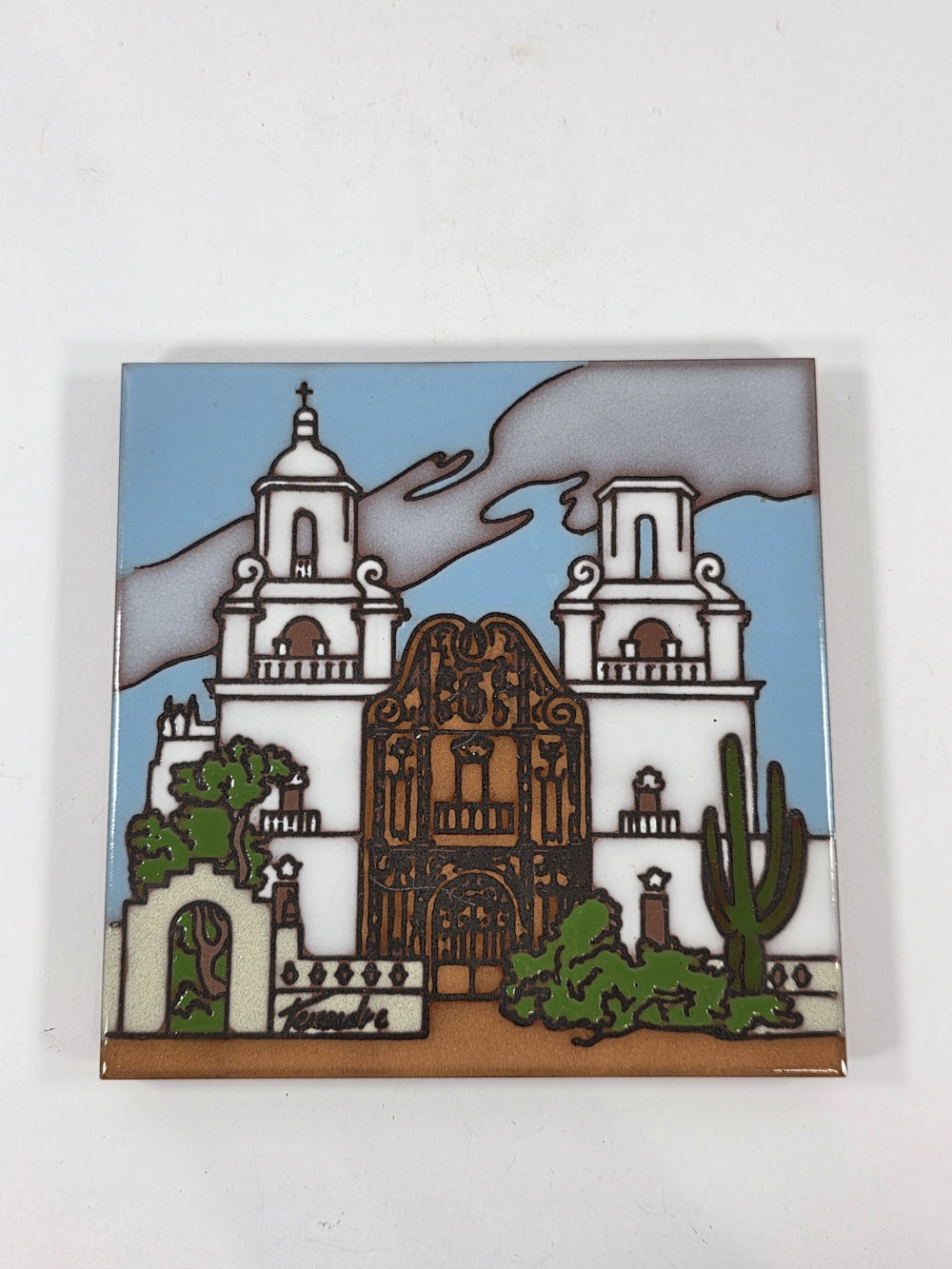 Cleo Teissedre 6x6 San Xavier Del Bac Mission Art Pottery Tile Hand Painted AZ